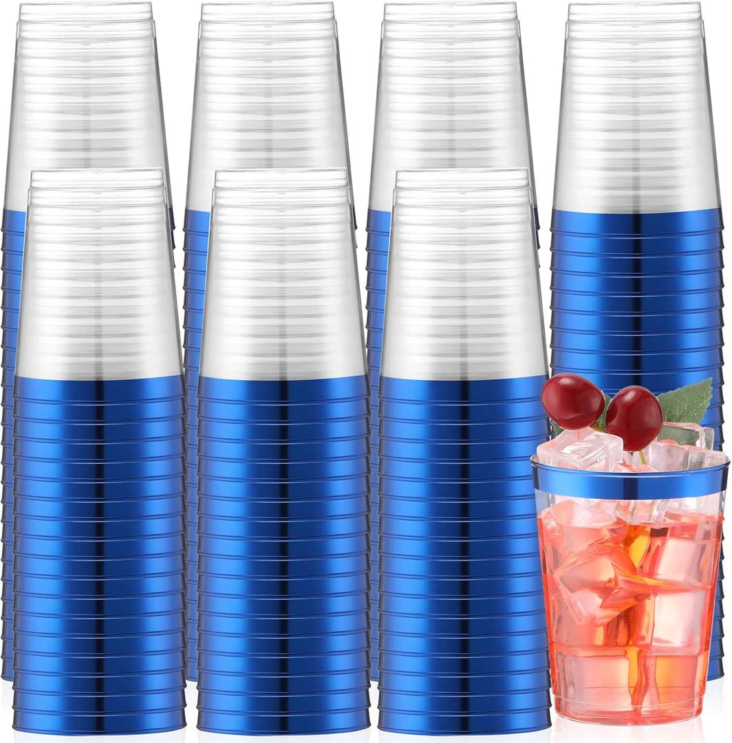 Gerrii 100 Pcs 10oz Plastic Cups Disposable Fancy Rimmed Cups Elegant Clear Drinking Tumblers for Wedding, Birthday, Halloween, Christmas, Graduation Party(Blue)