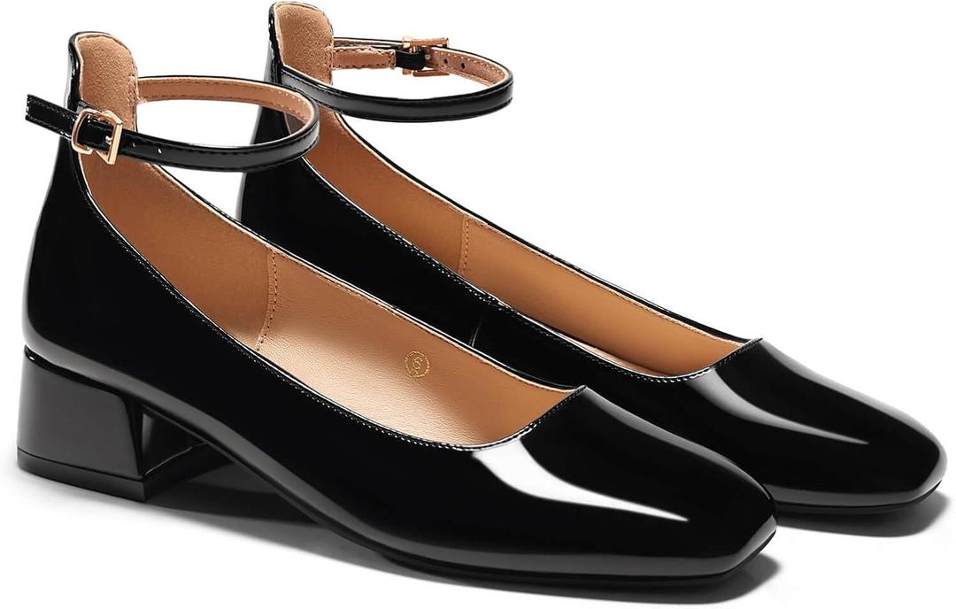 Coutgo Womens Chunky Low Heels Closed Square Toe Ankle Strap Pumps Wedding Prom Dress Shoes (7.5, Black)