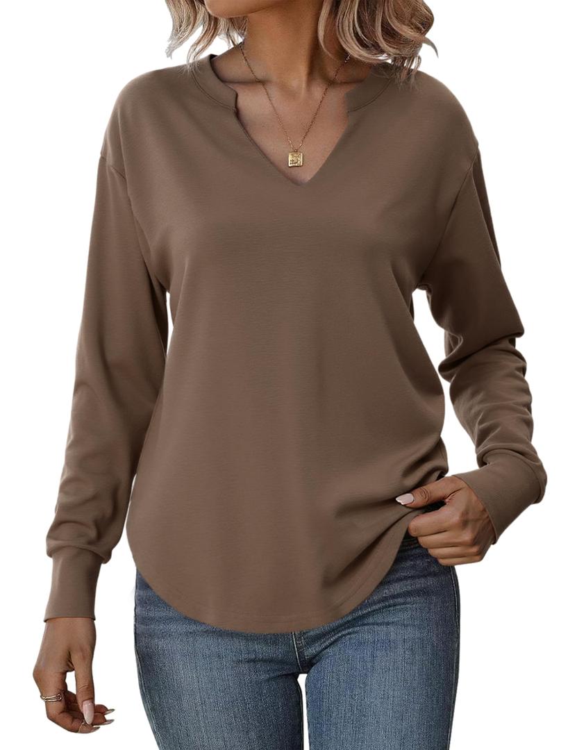 Totatuit Sweatshirts for Women V Neck Long Sleeve Shirts Loose Lightweight Curved Hem Casual Pullover Tops 2025 Fall Coffee Small (Brown, S)