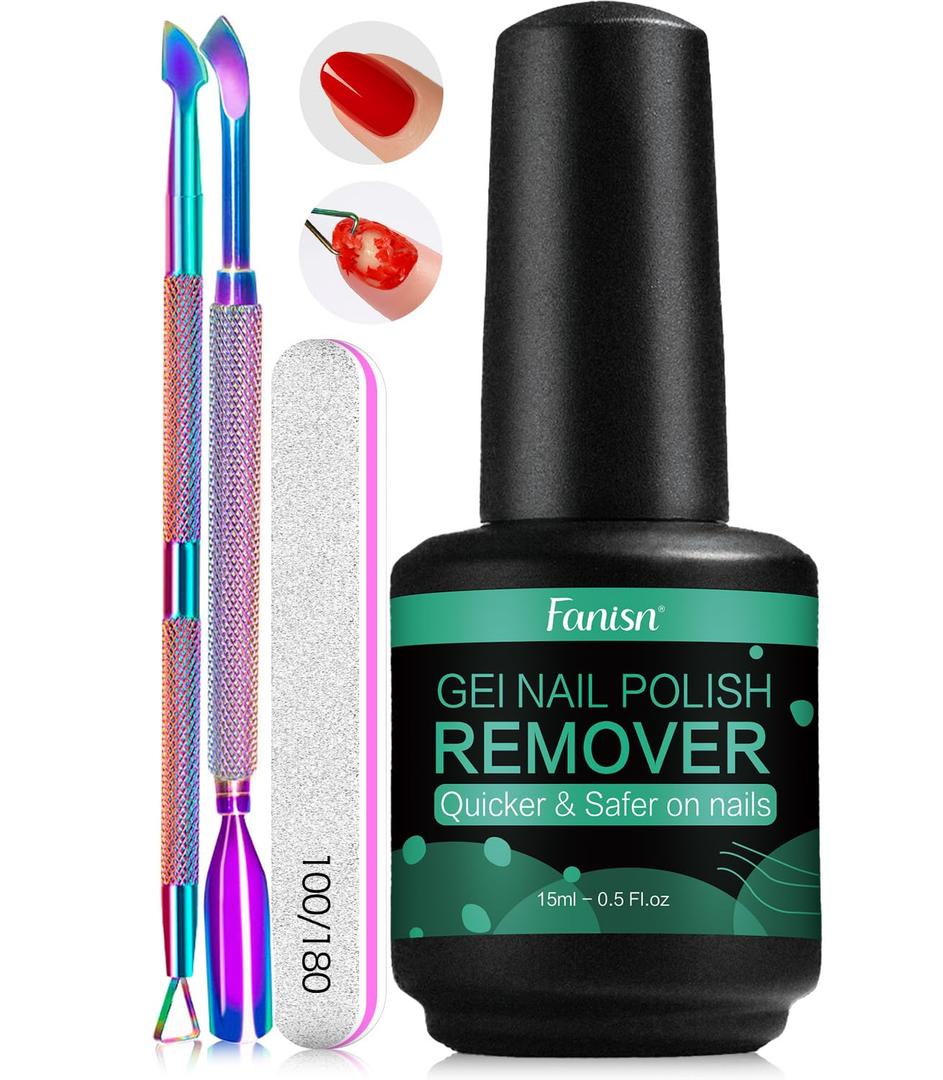 FANISN Gel Nail Polish Remover with Tools, 15ml (0.5 fl oz) - Acetone-Free, Quick Removal in 2-5 min, No Foil Soaking Needed, Safe for Natural NailsHome DIY Use