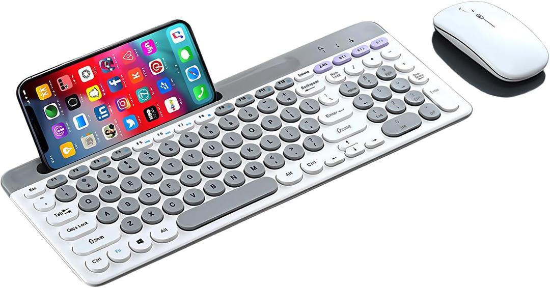 Wireless Keyboard and Mouse Combo with Phone Tablet Holder, Rechargeable Dual-Mode (Bluetooth 5.0 and 3.0 +2.4G) Multi-Device Silent Mouse for Windows, iPad, Tablet, MacOS,iOS,Android (Grey+White)