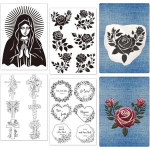 Rngmsi Water Soluble Embroidery Patterns - 4 Sheets Flower Bible Stick and Stitch Embroidery Designs, Guadalupe Floral Garland Theme Wash Away Transfer Paper Stabilizers for Hand Sewing