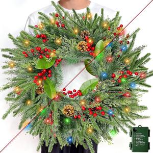 24 Inch Prelit Christmas Wreath for Front Door, Real Touch Norfolk Pine Wreath with Dual Color Change & Timer,Artificial Pine Tips,Cypress Leaves,Red Berries and Pinecone for Door Home Outdoor Decor