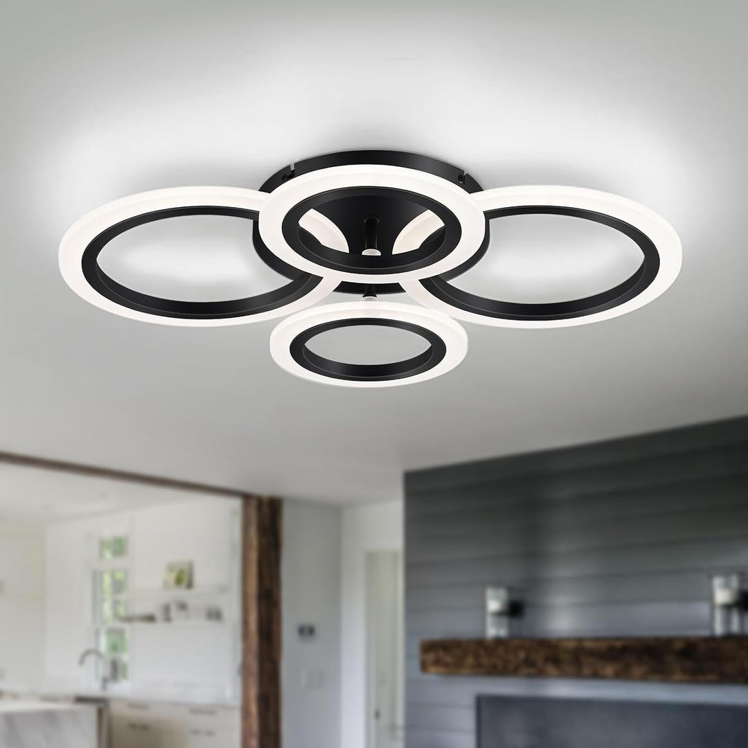 Vikaey Modern LED Flush Mount Ceiling Light, 4 Rings Black Close to Ceiling Light Fixtures, Kitchen Lighting Fixture Ceiling Lamp for Bedroom, Living Room, Laundry Room, 4000K Not Dimmable