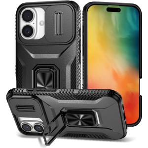 Magnetic Case for iPhone 16, Phone Case iPhone 16,iPhone 16 Case with Camera Cover & Kickstand Military Grade Shockproof Case for iPhone 16 Black