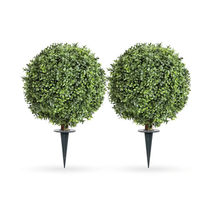 Artificial Boxwood Ball Bush with Spike, 24inch Faux Boxwood Topiary Ball Tree for Outdoor (2Pack)