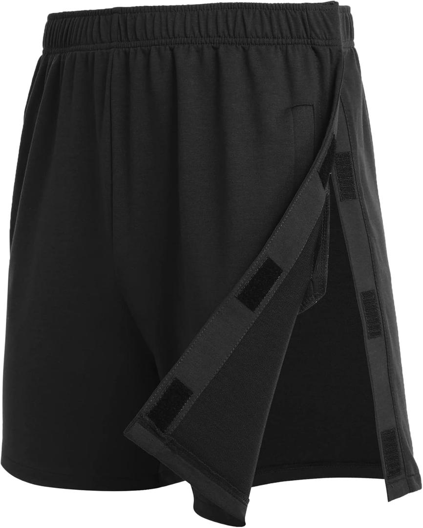 Deyeek Unisex Tear Away Shorts Snap On Athletic Cotton Shorts Post Knee Surgery Recovery Hip Replacement Pants with Pockets (Small, Black)