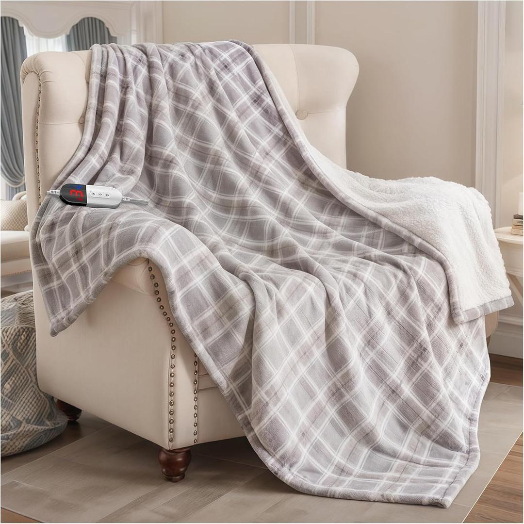 Heated Blanket Electric Throw, 50X60 Heating Throw with 6 Heating Levels & 4 Time Settings, Grey Plaid Washable Warm Soft Flannel Blanket Gift for Couch Bed Office, ETL Certified
