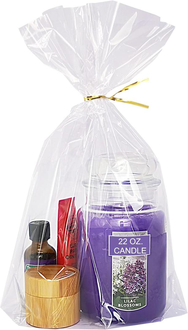 Wowfit 50 CT 12x16 inches Large Clear Bottom Gusset Cellophane Gift Bags with 6" Gold Twist Ties, Cello Packaging for Baby Showers, and Wedding Gift Wrapping