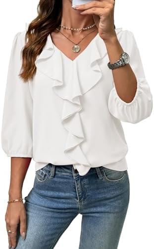 SHEWIN Womens Blouses Dressy Casual 3/4 Length Sleeve Work Shirts Business Casual Tops Spring Outfits for Women 2026 Small