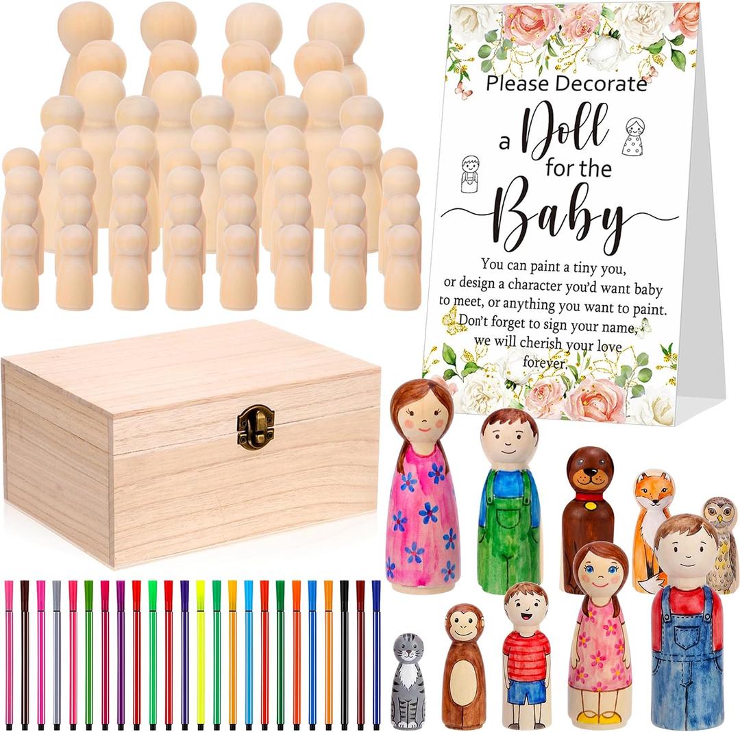98 Pcs Baby Shower Blocks to Decorate Game Painting Kit Includes 72 Wooden Blank Dolls 1 Storage Box 24 Markers for Baby Shower Activities Gender Reveal Decorations(Pink)