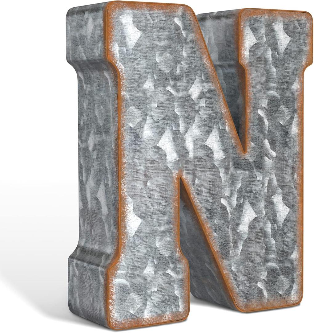 CraftyCrocodile 7" Galvanized Metal Letters for Wall Decor - 3D Letter N for Hanging & Free Standing - Decorative Rustic Alphabet Letters for the Living Room, Bedroom, Kitchen