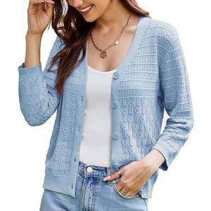GRACE KARIN Women Lightweigt Crochet Knit Cardigan, 3/4 Sleeve Cropped Shrugs, Spring Button Down Sweaters Tops Light Blue XXL