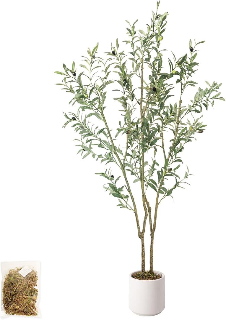 Olive Trees Artificial Indoor,Fake Olive Tree 6FT Tall 1Pack with White Planter Faux Silk Olive Tree for Home Living Room Office Decor Faux Artificial Plants Indoor with Fruit & Free Moss