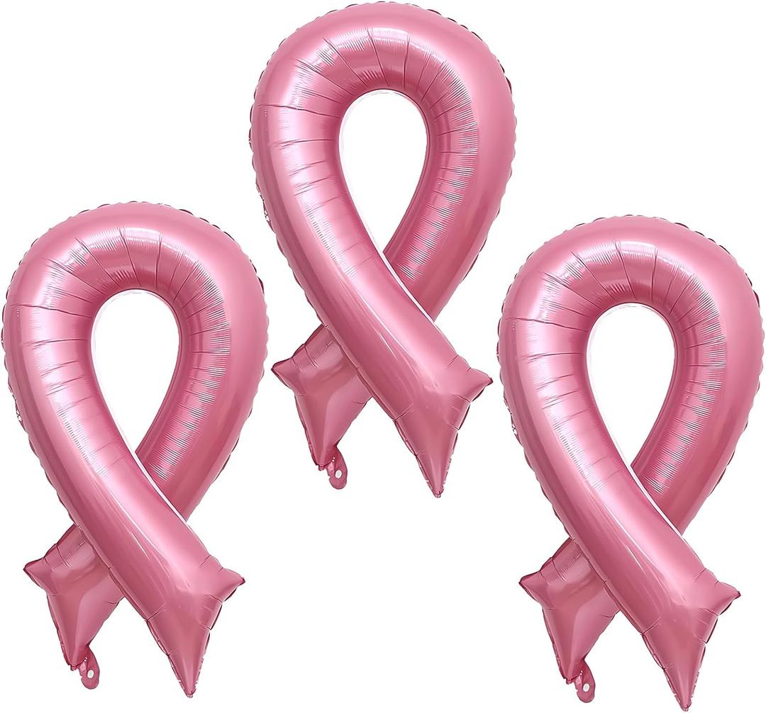 2 x Breast Cancer Pink Ribbon Balloons Ribbon Shaped Foil Balloon Breast Cancer Awareness Aluminum Balloons Set for Party Decoration Fundraising Event Supplies 3PCS