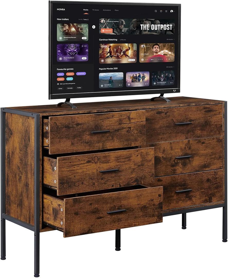 Lyromix Wood Rustic Dresser with 6 Drawers, Wide 48'' Brown TV Stand for Bedroom, Mid Century Modern Drawer Chest with Antique Finish, Perfect for Living Room Storage, 48.5"x15.7"x31"