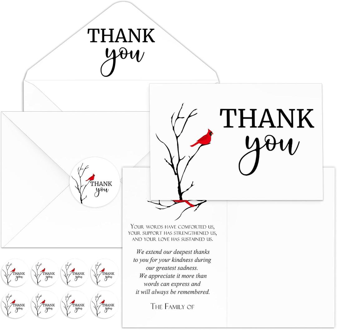 Fumete 50 Set Funeral Thank You Cards with Envelopes and Stickers Thank You Sympathy Cards with Meaningful Message Bereavement for Funeral Family Loved Ones Celebration of Life(Cardinal)