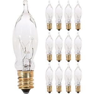 KOR (12 Pack) 7.5CFC/15/3 7.5W 120 Volt, Flame Candelabra Tip Chandelier Bulb, Clear CA5 Incandescent, Petite Decorative Lamp, E12 Candelabra Brass Plated Base, 40 Lumens, Dimmable.