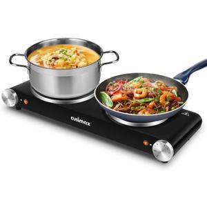 Cusimax Hot Plate for Cooking 1800W Portable Electric Double Burner Countertop Cooktop Cast Iron Stove Heating Plate with 7 Power Levels Adjustable Temp Control, Compatible for All Cookwares