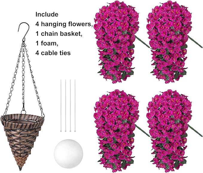 HyeFlora Artificial Fake Hanging Flowers Plants Baskets for Outdoor Outside Decoration, Faux Silk UV Resistant Realistic Fuchsia Morning Glory Planter for Home Porch Patio Balcony Garden Yard