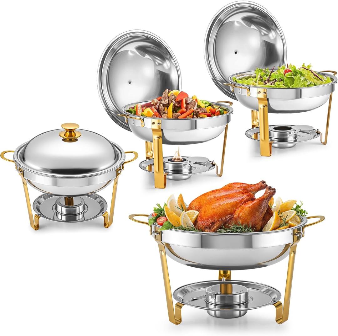 WILPREP Chafing Dishes for Buffet, 4 Pack 5 qt Round Chafing Dish Set with Foldable Frames & Lid Holders, Food Grade Stainless Steel Food Warmers for Parties Buffets Banquets Events, Gold & Silver