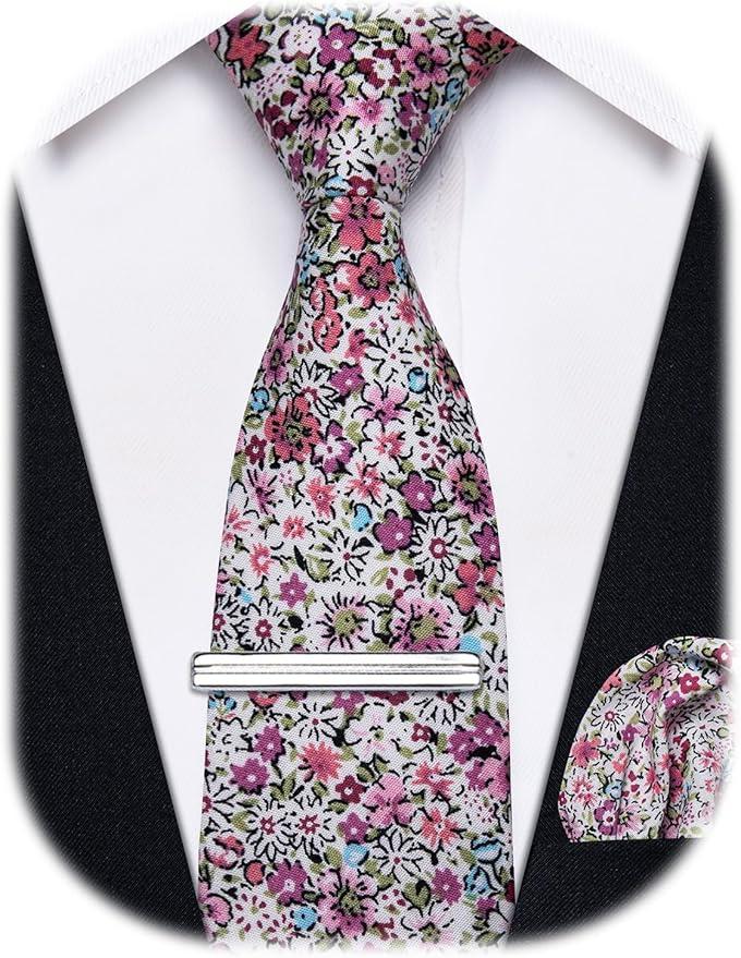Cotton Floral Tie for Men 2.5" Printed Skinny Necktie Pocket Square Tie Clip Set Flower Wedding Party Groom