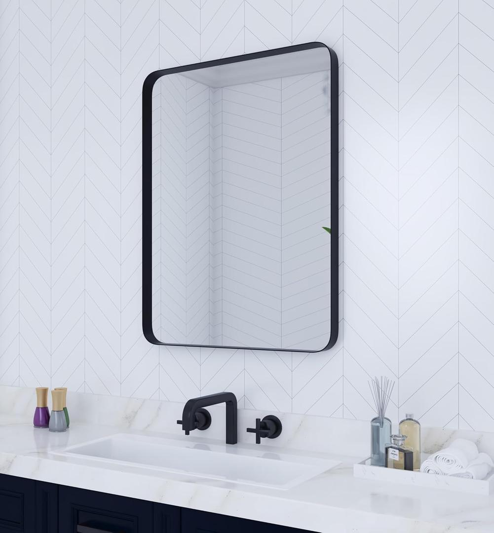 VocalStar Black Bathroom Mirror for Wall, 24 x 32 Inch Rounded Rectangle Metal Framed Bathroom Wall Vanity Mirror Farmhouse, 1/4-inch Shatterproof Glass | Ultra-Flush Hanging
