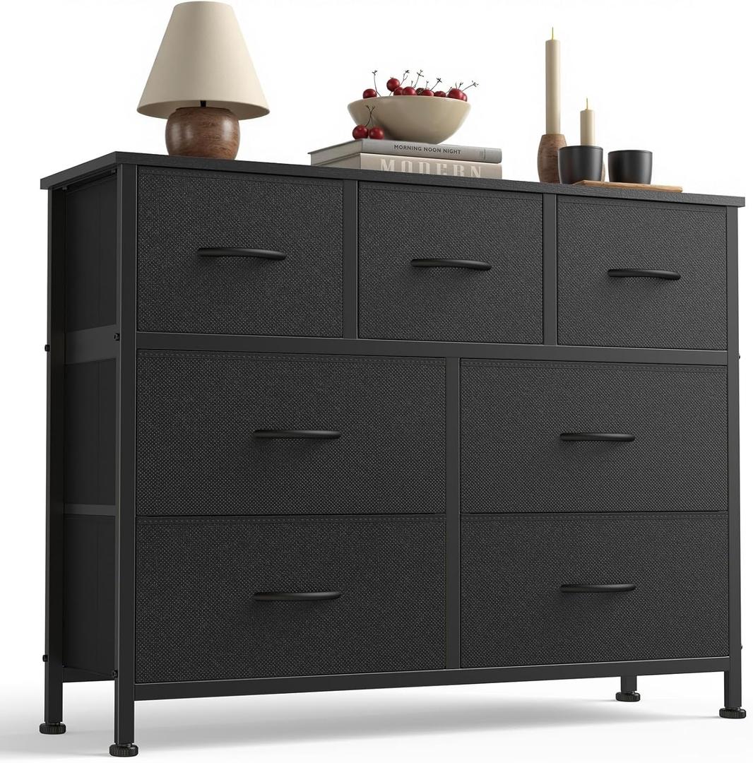 Sweetcrispy 7 Drawer Dresser with Fabric Bins Fabric Storage Tower Organizer for Bedroom Closet Hallway Entryway Tall Chest of Drawers with Steel Frame Wood Top Easy Pull Handles,Black, 11.8"D x 39.3"W x 30.3"H