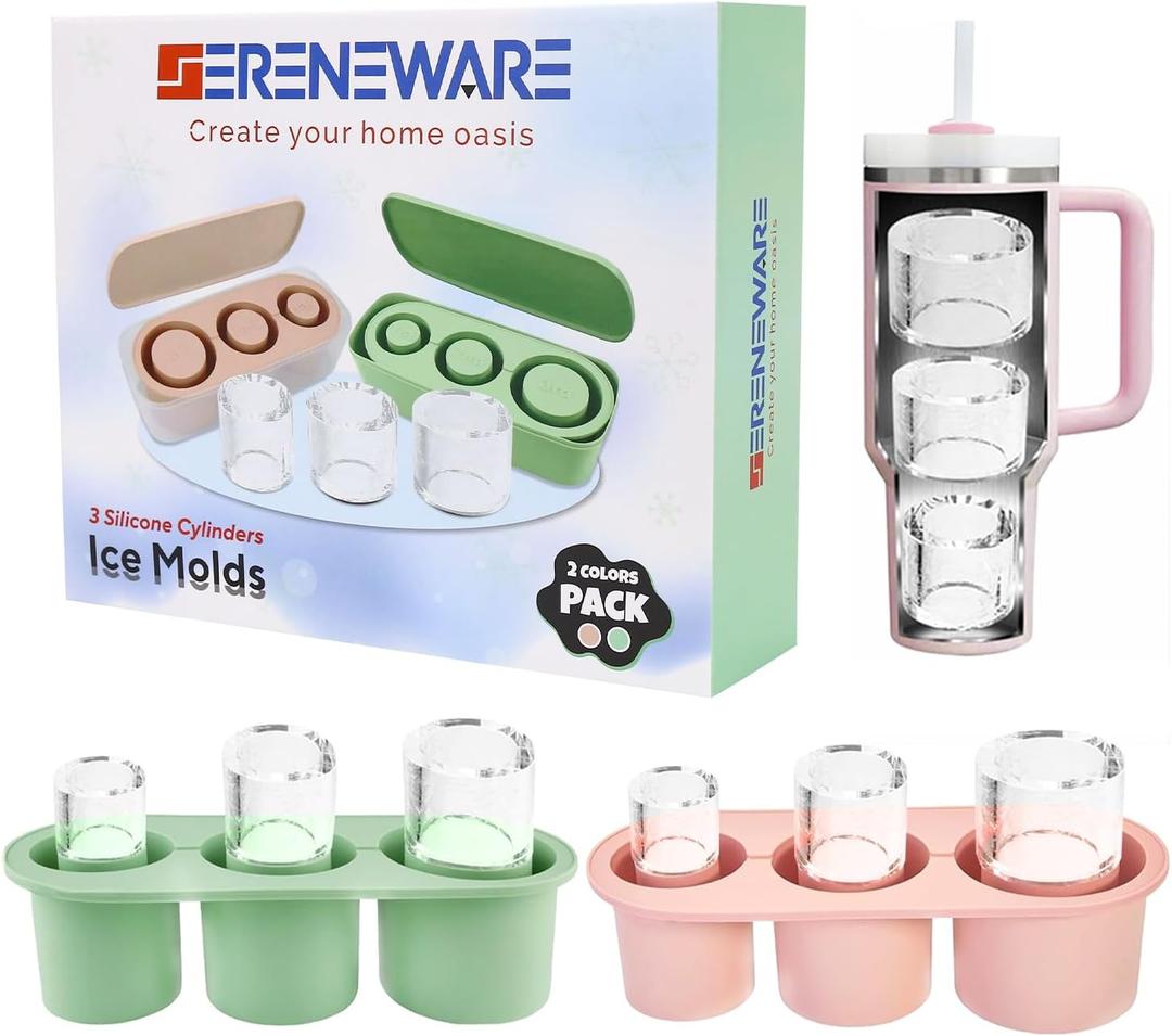 Silicone Ice Mold for Stanley with Tray and Lid - 2 Color Pack (Pink & Green) - Ice mold for Stanley/Yeti 20oz 30oz or 40oz Tumblers - Easy Release Stanley Ice Mold for Freezer -