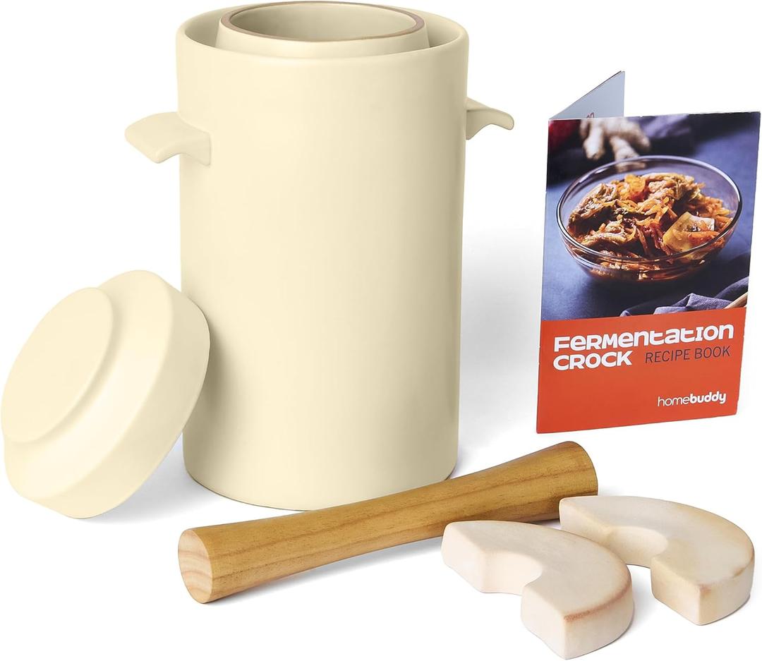HomeBuddy Ivory Fermentation Crock (1 Gallon) with Weights, Acacia Wood Pounder and Recipie Book - Sauerkraut Fermentation Kit, Onggi Kimchi Jar, Fermenting Crock for Pickling or Sourdough