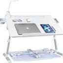 iXTRA Laptop Lap Desk with Cooling Fan - Adjustable Bed Desk with Light, Bed Table with Cup Holder&Phone Holder - Storage Drawer Desk - Folding Bed Desk,White,70x45cm