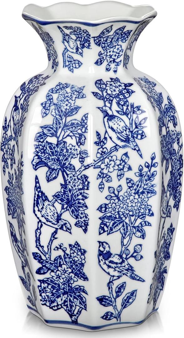 Blue and White Vase 9.6 Inch Vintage Blue Ceramic Vase for Home Decor | Decorative Porcelain Floral Bird Chinoiserie Ceramic Vases for Centerpiece Living Room Kitchen Shelf