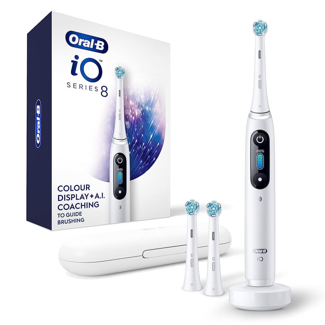 Oral-B iO Series 8 Electric Toothbrush with 2 Replacement Brush Heads and Travel Case, Rechargeable Toothbrush, Whitealabaster