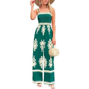 PRETTYGARDEN Women's Summer Boho Jumpsuits One Piece Beach Vacation Outfits Spaghetti Strap Wide Leg Pants Rompers Size S, Dark Green