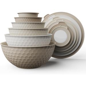 COOK WITH COLOR Mixing Bowls with Lids - 12 Piece Plastic Nesting Bowls Set includes 6 Prep Bowls and 6 Lids, Microwave Safe Mixing Bowl Set, Brown Embossed