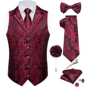 DiBanGu Silk Vest Tie Set for Men, Woven Paisley Dress Waistcoat and Bowtie Pocket Square Cufflinks Lapel Pin Formal Suit Vest, Wine Red, 3X-Large