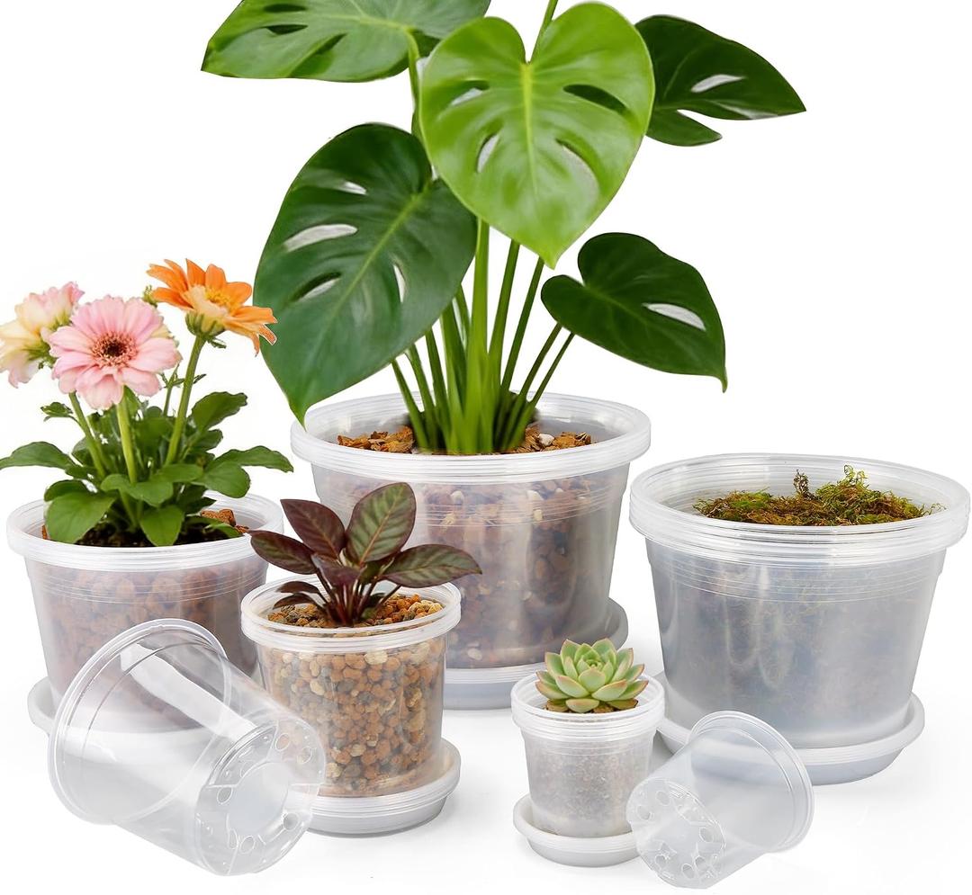 12/10/8/6/4 Inch Clear Nursery Pots with Drainage and Saucers, 20 Pack Large Clear Plastic Nursery Pots for Plants, Seedling Plant Pots for Repotting and Growing Plants, Flowers & Vegetables, 4/6/8/10/12 inch-20pcs