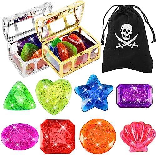 MARFOREVER 18 Pcs Big Diving Gem Pool Toys - 16 Colorful Sinking Diving Gems Underwater Crystals Swim Pool Toys with 2 Treasure Chest Pirate Boxes Acrylic Gemstones Set for Summer Party Favors