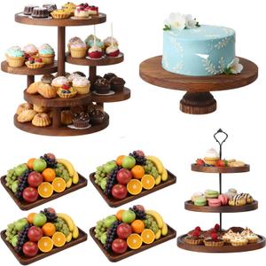 RattanView 7 Pcs Wooden Dessert Table Display Set Round Cupcake Tower Stand Rectangular Serving Tray Cookie Cake Macaron Platter for Display Centerpiece Tea Party Baby Shower Wedding Birthday