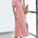 BTFBM Womens Summer 2026 Casual Midi Maxi Dresses Lightweight Short Sleeve V Neck Elastic Waist Boho Beach Dress Pockets (Pink). M Size