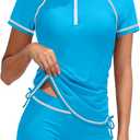 Girls Swimsuit Rash Guard Bathing Suit for Girls 2 Piece Short Sleeve Solid Color UPF 50+ Padded Zip Swimwear 7-18y (9-10 Years, Light Blue)