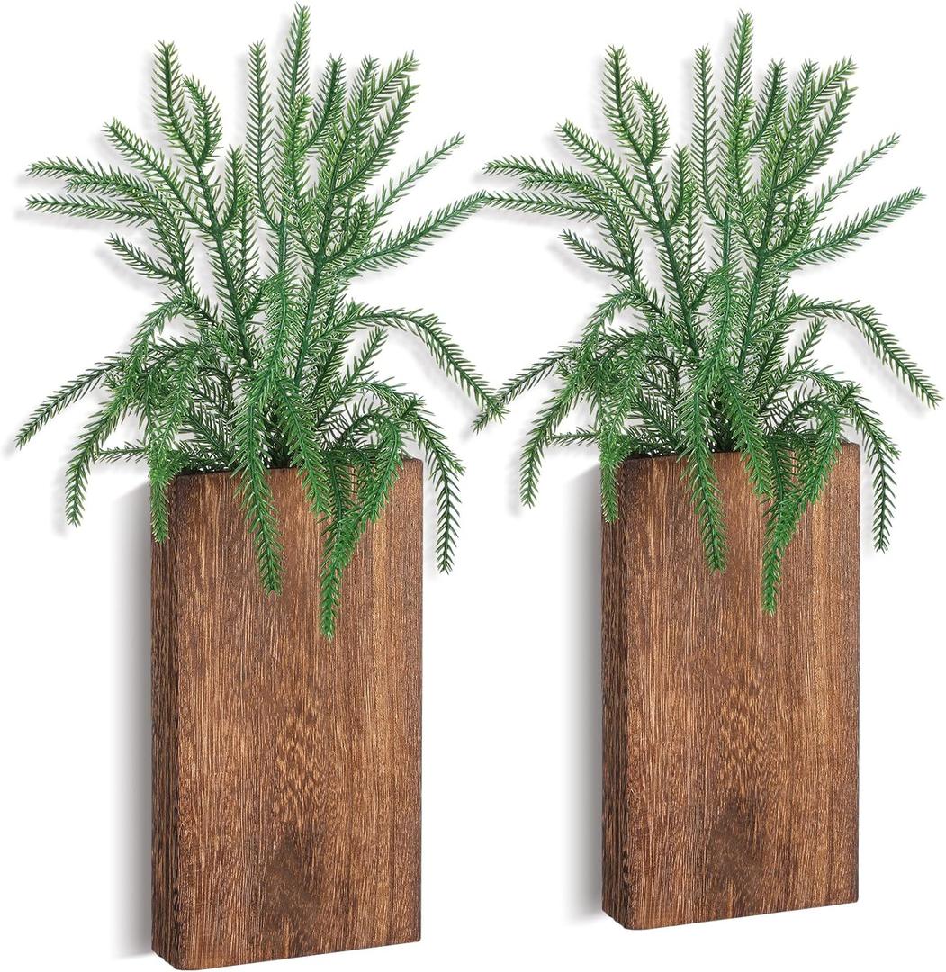 Pinkunn 2 Pack Christmas Wall Decor Artificial Norfolk Pine Branches with Wood Planter Farmhouse Wall Hanging Decor Xmas Art Fake Greenery for Bathroom Indoor Outdoor Home Decoration