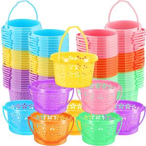100 Pieces Plastic Easter Baskets Bulk with Handles Colorful Round Egg Mini Baskets for Easter Party Favors Egg Hunt Supplies, 6 Colors