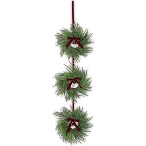 1 Pack Christmas Wreath String with 3 Pcs Norfolk Pine Wreath, 61" Front Door Hanging Artificial Cedar Pine Velvet Bow Bell for Xmas Cabinet Window Indoor Outdoor Holiday Porch Wall Decor