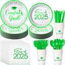 175pcs Class of 2025 Graduation Plates and Napkins Set, Disposable Paper Plate Set Polka Dots Napkin Cups Knife Fork Spoon for Graduation Party Decorations and Supplies,Serve 25 (White Green)