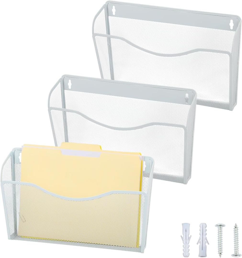 EASEPRES 3 Single Pocket Mesh Hanging File Organizer, Vertical Wall Mounted Magazine File Holder, Mount Basket Mail Paper Document Folder Organizing for Office, Home and School, White