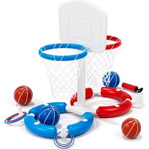 Double Pool Basketball Hoop with Backboard &Ring Toss Game, 2-in-1 Floating Pool Toy with 4 Balls 8 Rings&Pump,2 Player Games Summer Activities for Kids 5-8 8-12& Adult,Outdoor Swimming Party Gifts