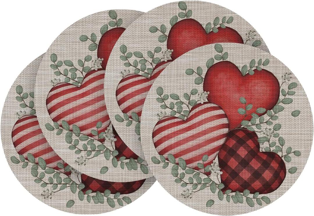 Artoid Mode Eucalyptus Hearts Vinyl Valentine's Day Placemats Set of 4, 15 Inch Wipeable Non-Slip PVC Round Place Mats for Party Kitchen Dining Decor (Beige)