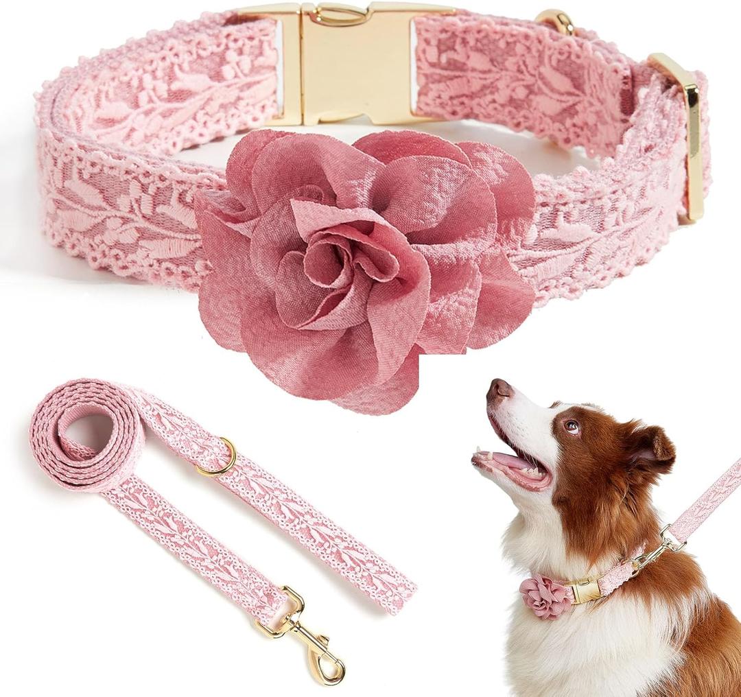 Summer Girl Dog Collar and Leash Set Soft Cotton Lace Handmade Embroidered Personalized Designer Heavy-Duty Dog Collars for Large Dogs, L