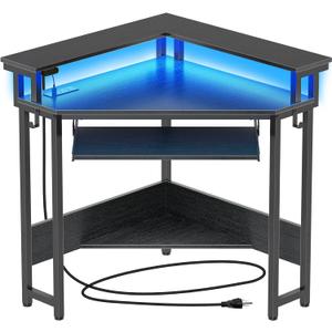 Rolanstar Corner Desk,44.5" W x 34.5" H Small Computer Desk with Power Outlets, Gaming Desk with LED Lights, Triangle Corner Table with Keyboard Tray & Monitor Stand for Small Space, Black